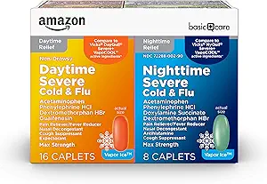 Cuidado básico Vapor Ice Daytime and Nighttime Severe Cold and Flu, Coated Caplets, Combo Pack, 24 Count