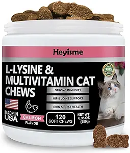 Lysine Supplement for Cats, Cat Treats for Sneezing and Runny Nose, Cold, Cat Immune Support, Eye Function, and Respiratory Health, L-Lysine cat Vitamins for Cats (120 Pills, Salmon)