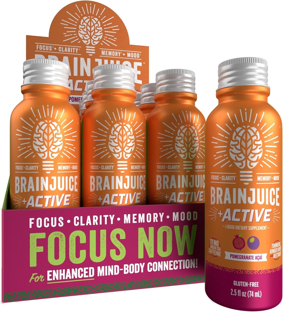 BrainJuice Active Focus " Energy Drink Shots, Supports Endurance, Recovery " Clarity, Non-GMO, Gluten Free, Nootropics, Alpha GPC, B Vitaminas " Organic Green Tea, Pomegranate Acai, 2.5 fl oz, 12 Pack