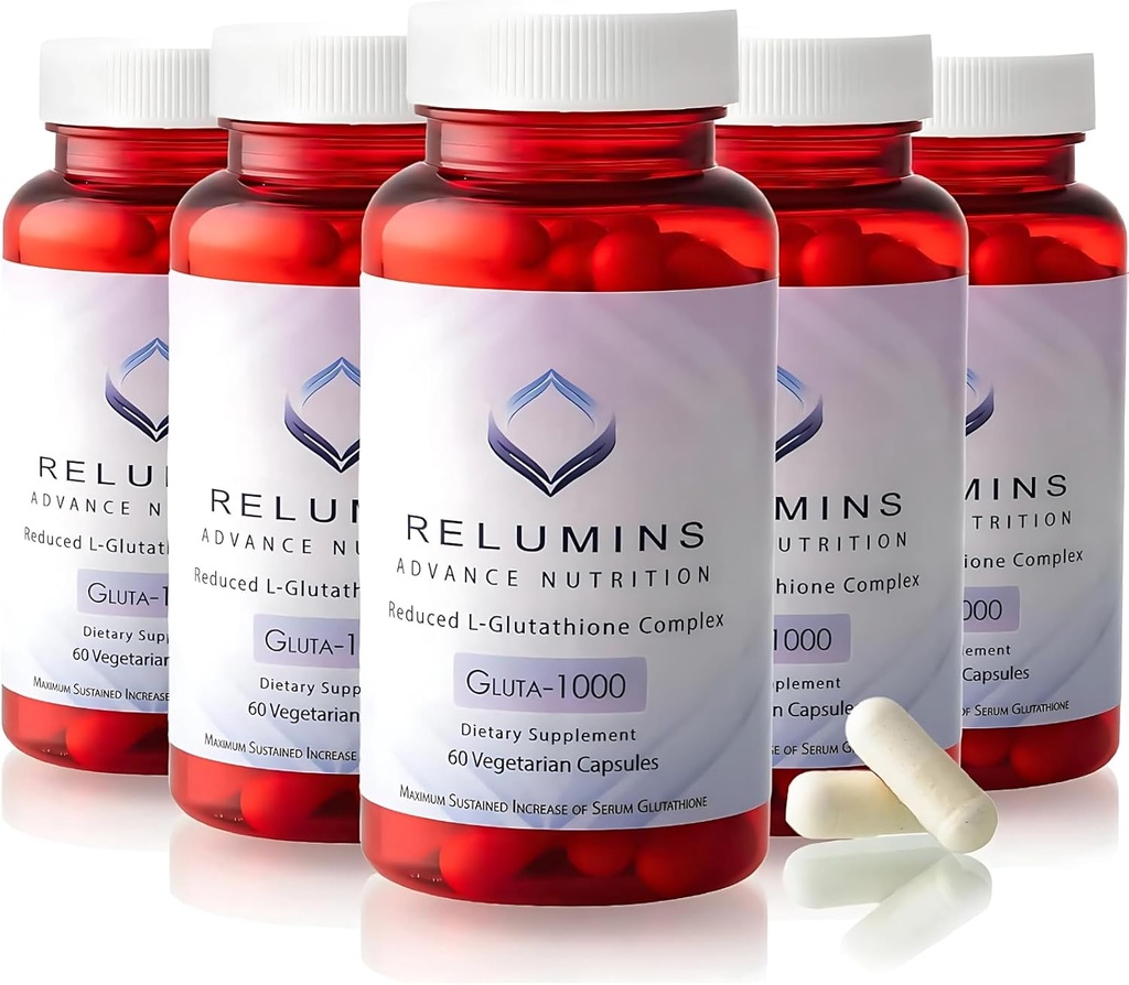 Relumins L Glutathione Suplemento Complejo - Reducido Glutathione 1000mg con ácido lipoico alfa &amp; rosa cápsulas HIPS para la piel nutrida " Smoother, 60 caps x 5 botellas
