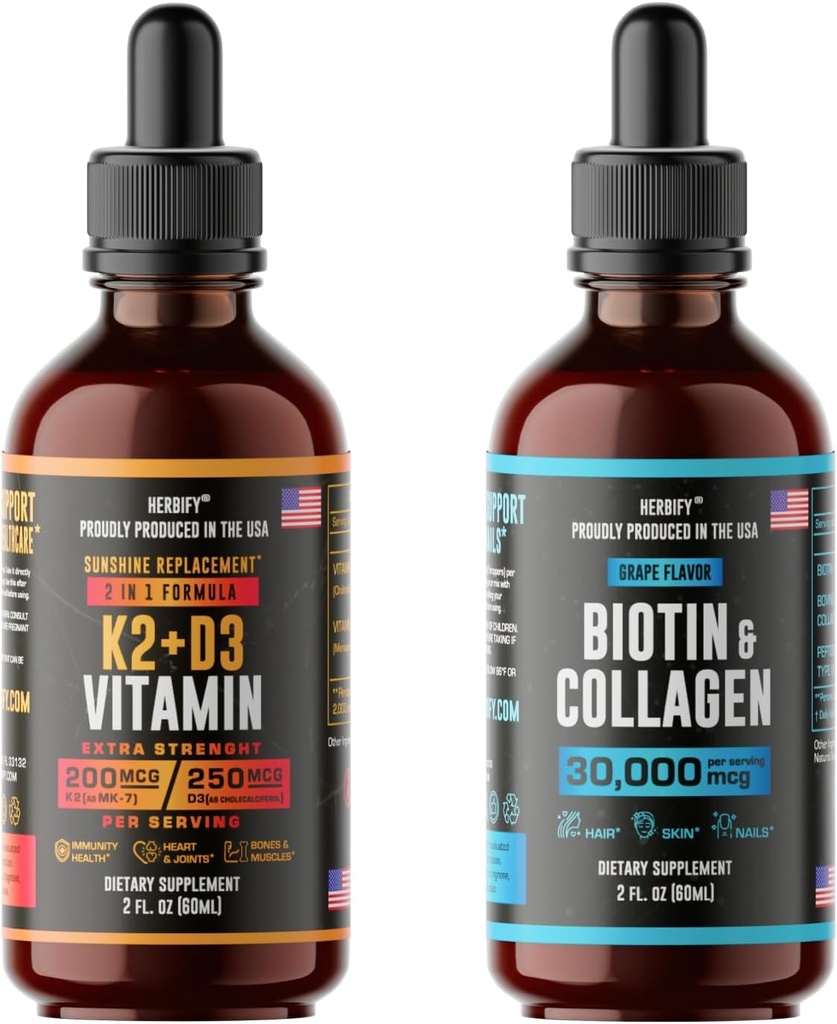 HERBIFY Bundle - K2 y D3 gotas " Biotin y colagen gotas - Bone Strength " Hair, Skin, Nails Support