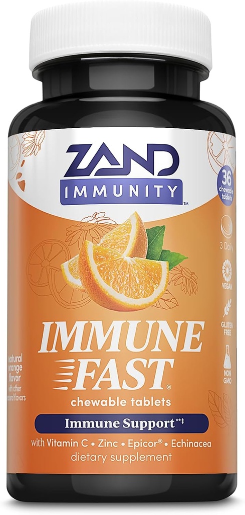 ZAND Immunity Immune Fast Zesty Orange Chewables - Immune Support Suplemento w/Epicor Levadura fermentada, Vitamina C 1000mg, Zinc, Echinacea - Non-GMO, Vegan, Gluten Free, 60-Day Guarantee, 10 Servings
