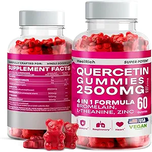 Quercetina Gummies - 2500MG Quercetina con Bromelain L-theanine " Zinc - Suplemento Puro para el Sistema Inmune Pulido y Soporte de Alergia - Immunity Booster Vegan Suplementos para Adultos Niños - 2 Pack