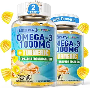 Vegan Omega-3 Gummies 1000mg + Turmeric - Omega 3 Fish Oil Alternative for Adults - Algae DHA 600mg & EPA 300mg, Vitamins A, C, E, Zinc & MSM, Sugar Free, 120 Cts
