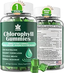 Chlorophyll Gummies - Super Green con Wheat Grass, Sea Moss, ACV " Unfiltered " Elderberry, Echinacea, Zinc Complex " Vitamin D3, C, E, B12 for Natural Deodorant, Immune " Digestion Support, 60 Chews