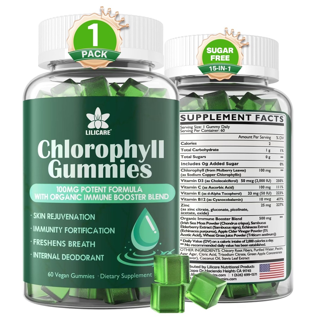 Chlorophyll Gummies - Super Green con Wheat Grass, Sea Moss, ACV " Unfiltered " Elderberry, Echinacea, Zinc Complex " Vitamin D3, C, E, B12 for Natural Deodorant, Immune " Digestion Support, 60 Chews