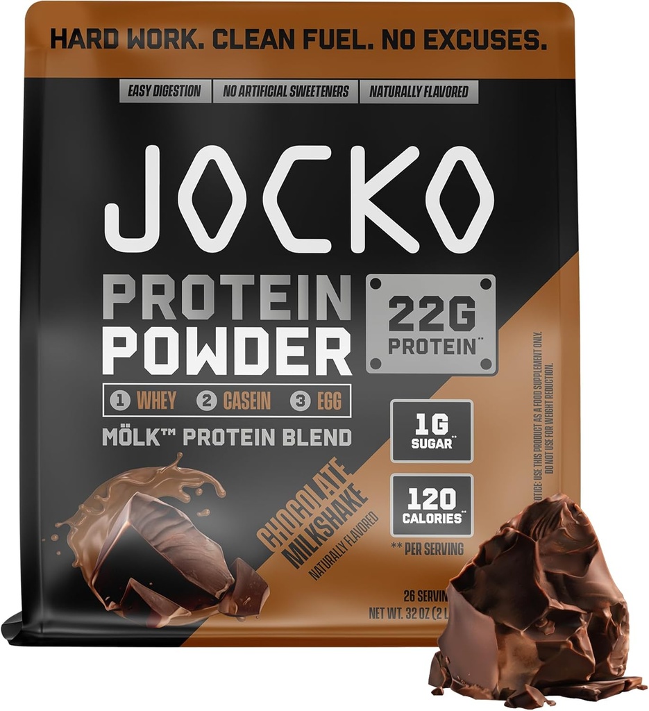 Jocko Fuel Mölk Whey Protein Powder 22g Protein - Low Sugar Monk Fruit Blend - Muscle Recovery &amp; Growth, Packaging May Vary (26 Servings, Chocolate Milkshake)