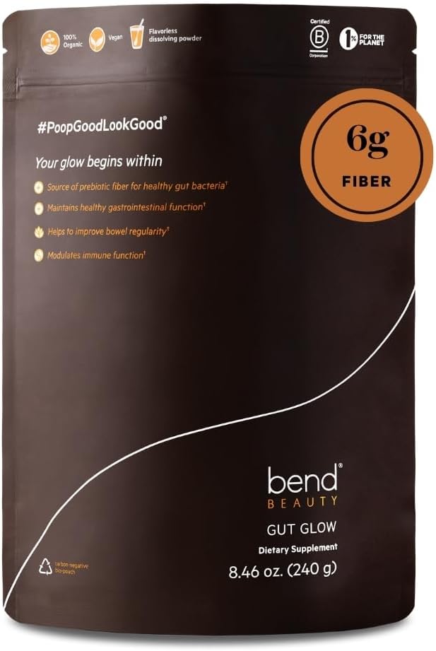 Bend Beauty Gut Glow ← Prebiótico diario Fiber Suplemento Powder w / Tremella Mushroom Exract ← Digestive Gut Health Silencio 6g of Soluble Fiber per Serving 100% Organic, Vegan, Sugar Free Fiber Silencioso