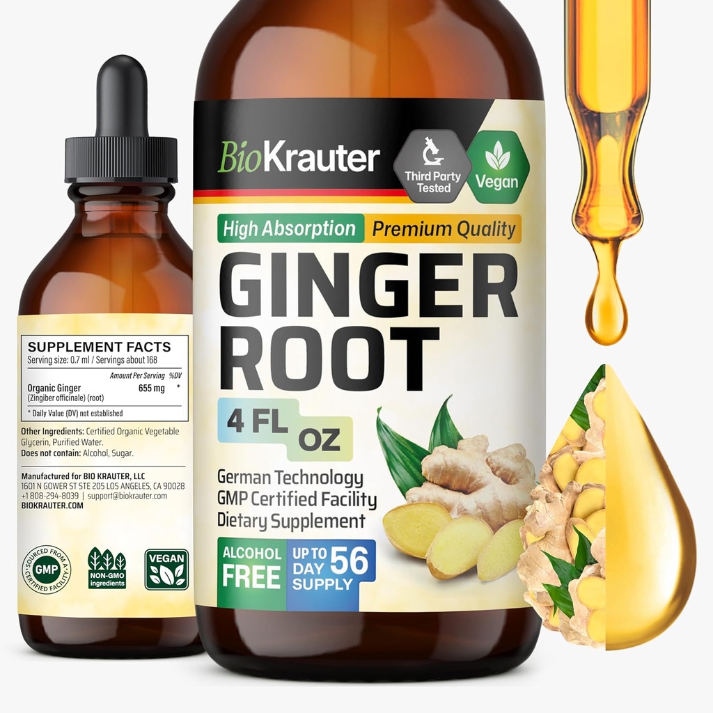 BIO KRAUTER Ginger Root Extract - Natural Ginger Suplementos para el bienestar general - Alcohol y azúcar gratis - Vegan Drops 4 Fl.Oz.