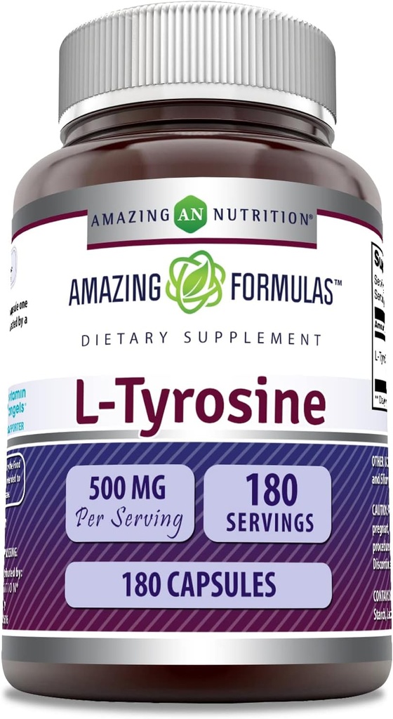 Fórmulas increíbles L-Tyrosine Amino Acid Suplemento TENIDO 500 Mg por Serving Silencio 180 Capsules TEN NO-GMO ANTE Gluten-Free TEN Made in USA