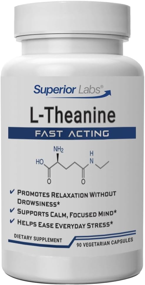 Laboratorios superiores L-Theanine 250 mg Capsules, No GMO Puro Suntheanine, Filler-Free, Promueve la relajación y el estrés Alivio, apoya el sueño saludable, el enfoque mejorado y la atención, alta absorción, 90 caps de Veg
