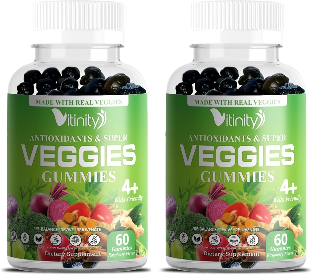 VITINITY Veggies Supplement-Made with Real Super Veggies Delicious Gummies(120 Chews),30 Veggies,Herbs,Fruit and Vegetable Supplement,No-GMO,Pectin-Based,Gluten-Free,No más pastillas (60 Day)