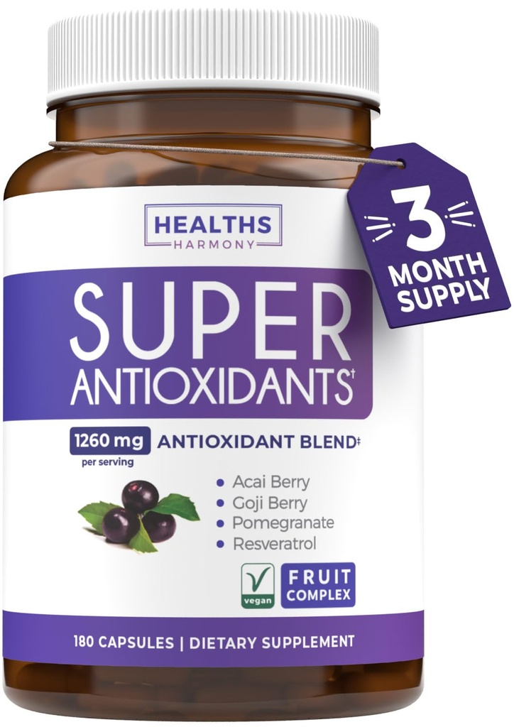 Super Antioxidants Supplement for Women & Men - High Potency Herbal & Fruit Blend with Acai, Goji, Pomegranate, Elderberry & Resveratrol for Skin Care & Immune Support - Vegan & Non-GMO - 180 Capsules