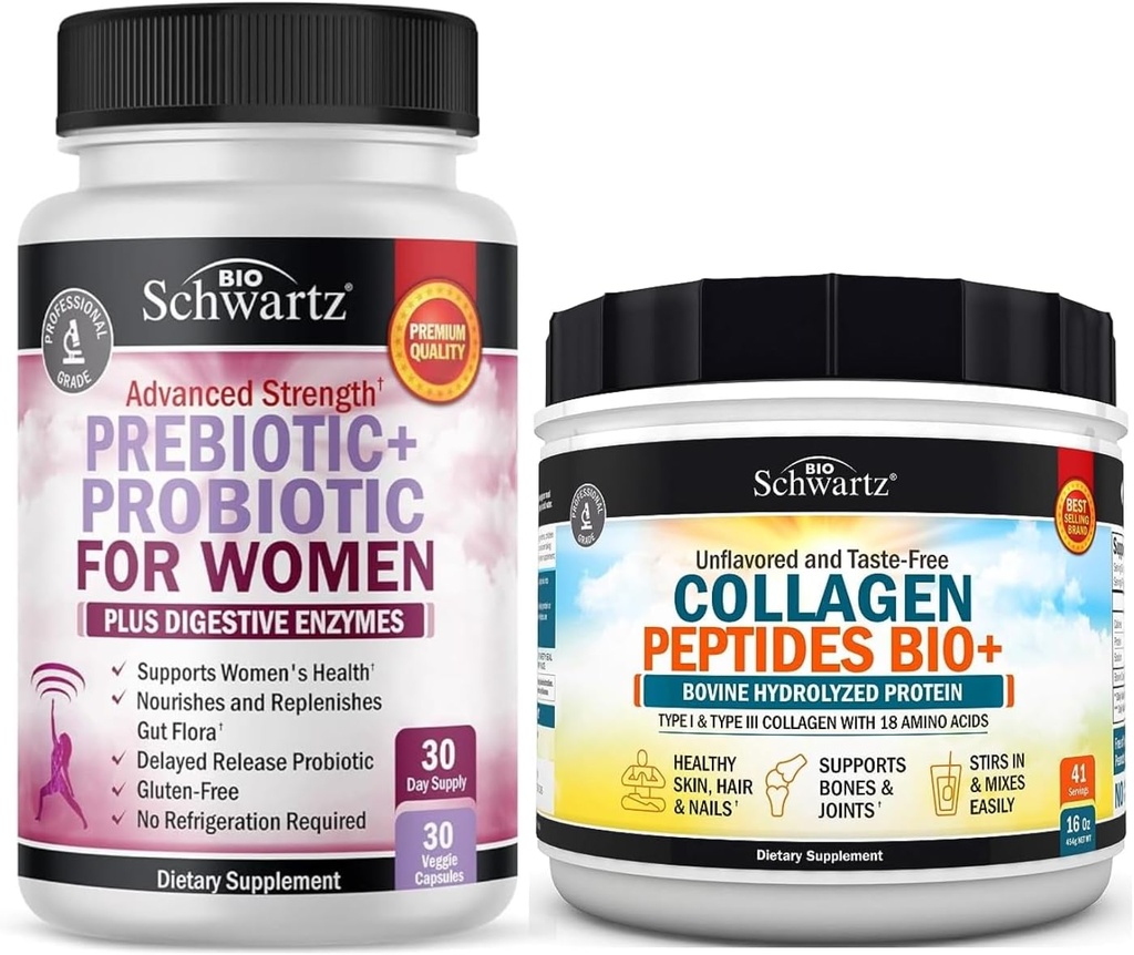 BioSchwartz Péptidos de Collagen Hidrolyzed Powder (40+ Servings) Plus Prebióticos y Probióticos con Enzimas Digestivas para Mujeres (1 Mes de Suministro)