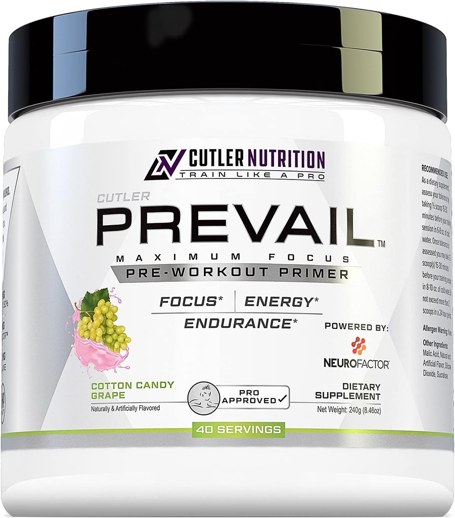 Prevail Pre Workout Powder with Nootropics: Pre Workout for Men and Women, Cutting Edge Energy and Focus Supplement with L Citrulline, Alpha GPC, L Tyrosine | Cotton Candy Grape, 40 Scoops