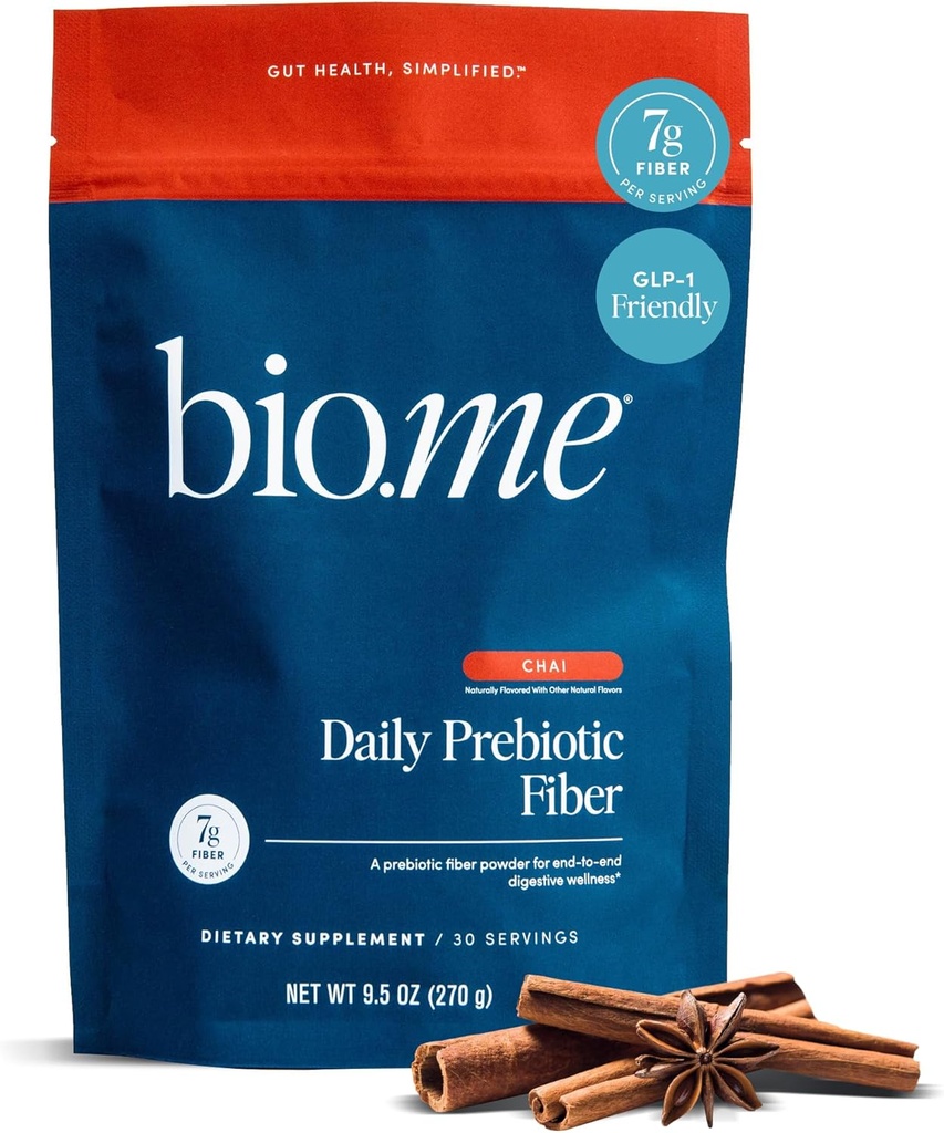 Bio.me Daily Prebiotic Fiber Powder Chai - 7g Por Serving - Soluble &amp; Insoluble Fiber Supplement Powder for Women &amp; Men - Digestive Health & Gut Health - GLP-1 Friendly, Sugar Free - 30 Servings