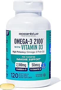 Oceanblue Professional Omega-3 2100 con vitamina D3 – 120 ct – Triple Strength Burpless Fish Oil Suplemento con EPA de alta potencia, DHA, DPA y Vitamina D3 – Wild-Caught – Orange Flavor (60 Servings)