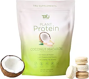 TRU Suplementos Pólvora de proteínas con base vegetal, BCAA, EAA, 20g Arroz de Brown vegano &amp; Pea Proteína, 100 Calories, 27 Vitaminas, Sin Sabores Artificiales 25 Serviciones (Cococo Macaron)