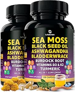 Sea Moss Capsules – 17-en-1 Blend con aceite de semilla negra Ashwagandha Bladderwrack Burdock Root Turmeric Vitamina D3 K2 C para el bienestar diario – Suplemento multimineral para hombres y mujeres – 240 Conde