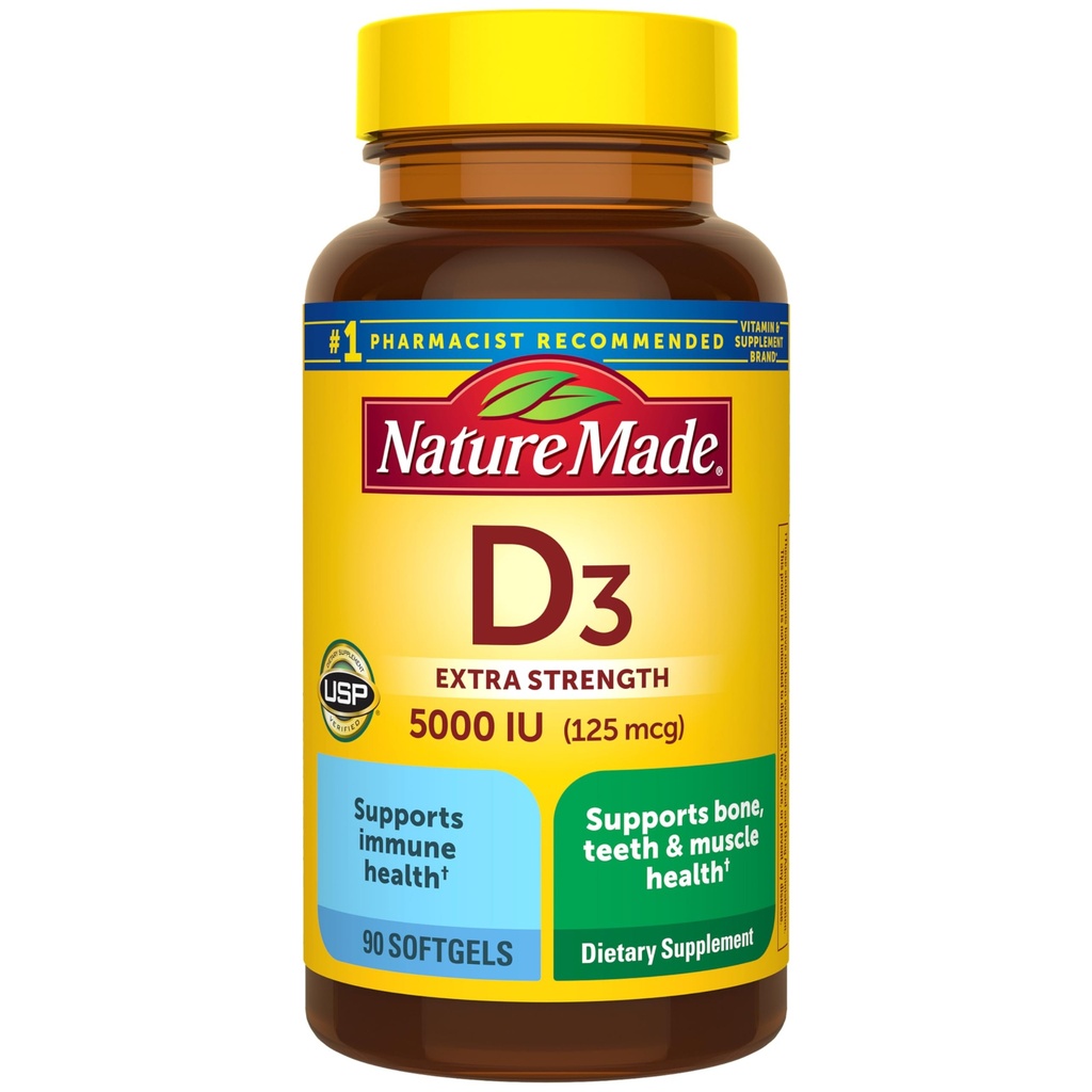 Nature Made Vitamina D3 5000 UI (125 mcg) Softgels, Extra Strength Vitamina D Suplemento de Bone e Immune Health Support, 90 Softgels, 90 Day Supply