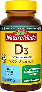 Nature Made Vitamina D3 5000 UI (125 mcg) Softgels, Extra Strength Vitamina D Suplemento de Bone e Immune Health Support, 90 Softgels, 90 Day Supply