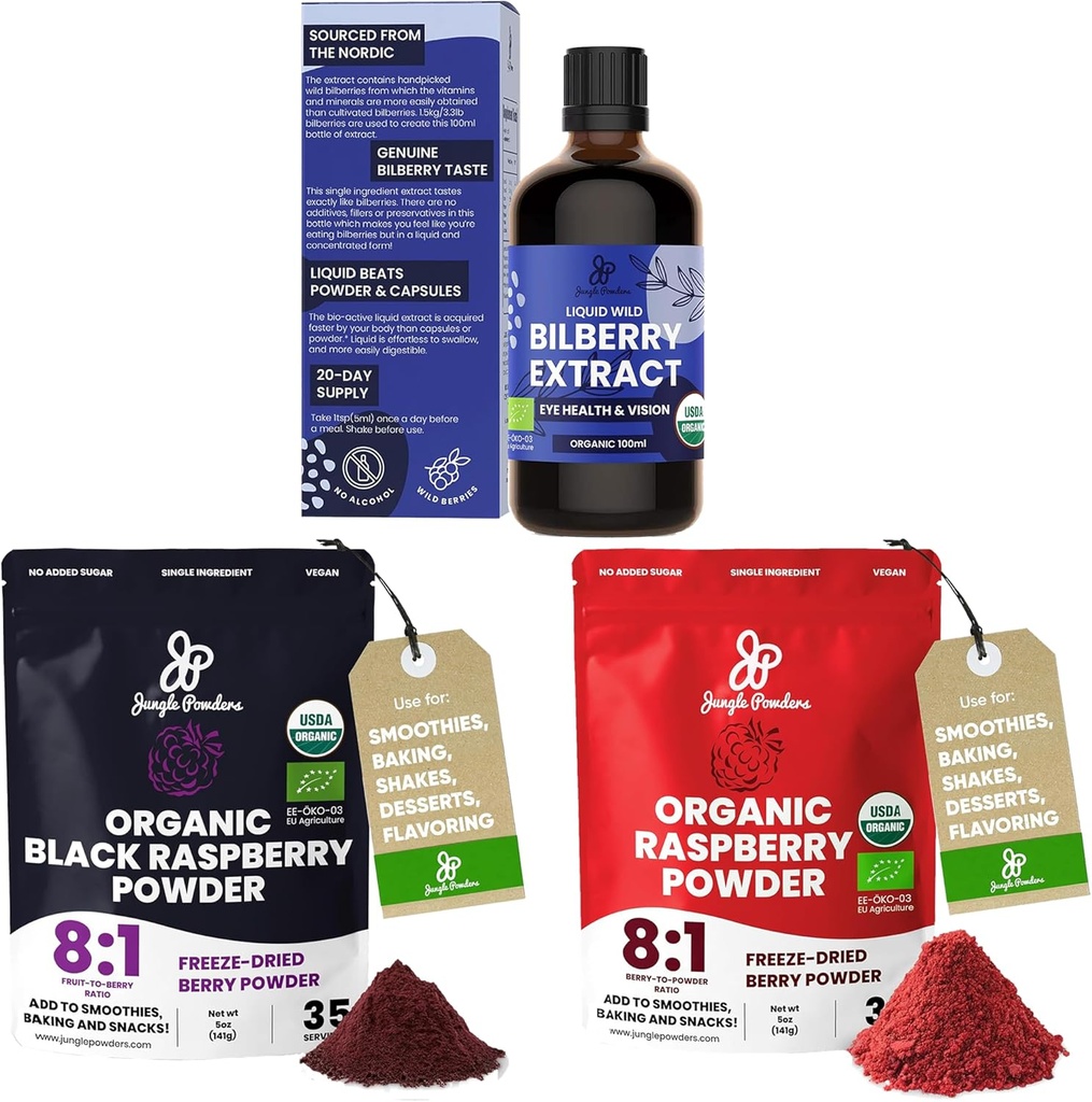 Jungle Powders Wild Bilberry Extract for Eyes USDA Organic 3.4oz Bottle, Black Red Raspberry Powders Bundle 5 Ounce Bag, Freeze Dried Raspberries for Baking Smoothies Dehydrated Fruit