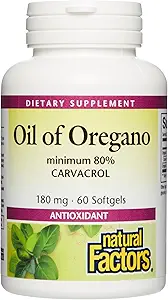 Factores naturales Aceite de orégano - Apoyos Función del Sistema de Inmunes Saludables - Suplemento Herbal con Aceite de Oliva &amp; Vitamina E - Suplemento de Apoyo Antioxidante No OGM - 60 Softgels (60 Servimientos)