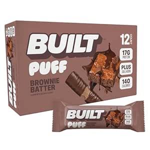 Bar de construcción, Bares de proteína Puff, Brownie Batter Puff, Snacks de 17g Protein, Bares On-The-Go, Sólo 140 Calories, 6g Azúcar, Collagen, Gluten Free, 12 Condes
