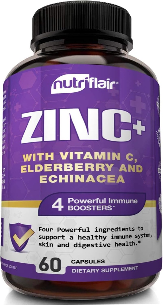 NutriFlair Zinc 50mg - con vitamina C, Elderberry, Echinacea Purpurea Extracto, Zinc Oxide - Compara con picolinato, Citrato, Oxido - Soporte completo de inmunos Pills con 4 Defensa Inmunitaria