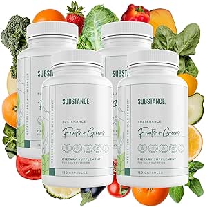 SUBSTANCE. 4-pck Nature's Sustenance Daily Greens, Daily Fruit and Veggies Supplement - Enhance Energy, Mental Clarity - Fruits and Vegetables Supplements - US Made, Vegan-Friendly - 120 Servings.