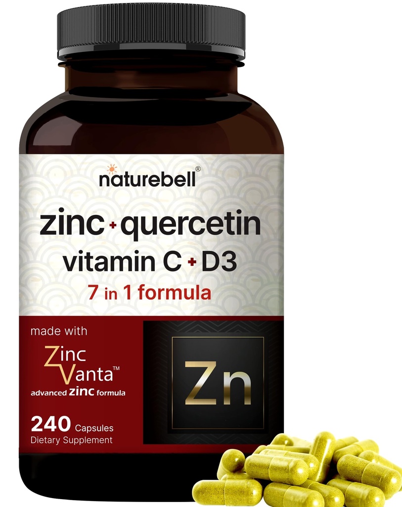 NatureBell Zinc Quercetina con Vitamina C &amp; D3, 240 cápsulas ← Quercetina 1000mg + Zinc 50mg + Vitamina C 250mg + Vitamina D3 5,000 UI ← 4-in-1 Advanced Immune &amp; Lung Soporto permanente ZincVanta Formula