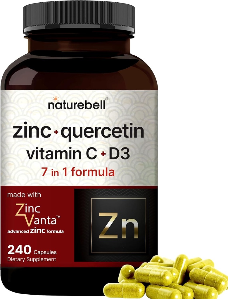NatureBell Zinc Quercetina con Vitamina C &amp; D3, 240 cápsulas ← Quercetina 1000mg + Zinc 50mg + Vitamina C 250mg + Vitamina D3 5,000 UI ← 4-in-1 Advanced Immune &amp; Lung Soporto permanente ZincVanta Formula