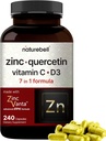 NatureBell Zinc Quercetina con Vitamina C &amp; D3, 240 cápsulas ← Quercetina 1000mg + Zinc 50mg + Vitamina C 250mg + Vitamina D3 5,000 UI ← 4-in-1 Advanced Immune &amp; Lung Soporto permanente ZincVanta Formula