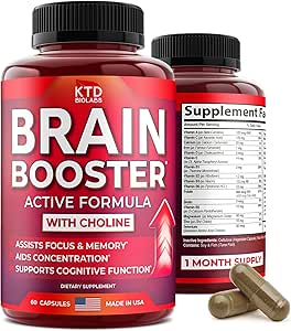 Suplemento Nootropics Brain Support - Hecho en EE.UU. - Suplemento Natural de Booster para Focus, Memory, Clarity, Energy Enhancement - Bacopa Monnieri, Choline &amp; DMAE, 60 cápsulas