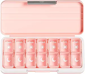 Zoksi Am Pm Pill Organizer 7 Day, Weekly Pill Box 2 Times a Day, Medicine Pill Organizer with Separate Compartment, Travel Pill Case Dispenser Portable for Vitamins, Fish Oils, Medicines(Pink)