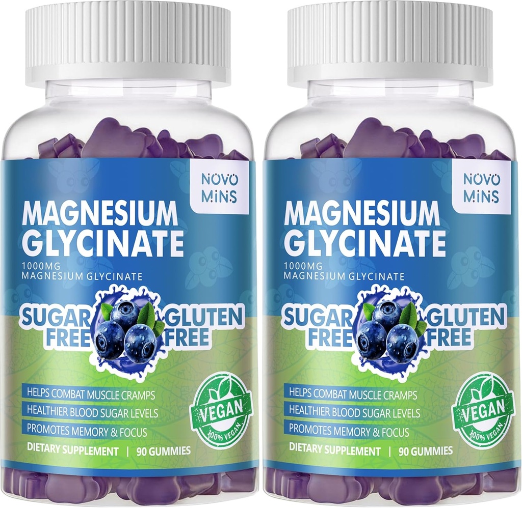 180 CT Magnesio Glycinate Gummies 1000mg - Suplemento de Potasio de Magnesio Libre de Azúcar con Vitamina D, B6, CoQ10 para calma Mood &amp; Sleep Support - 180 Blueberry Gummies.