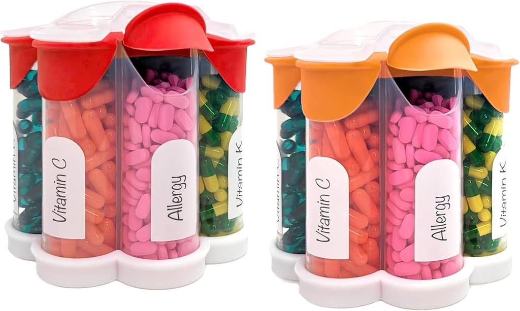 Organizador de píldoras extra grande diario, semanal, suplemento mensual botella, dispensador de píldoras lindo Blossom con 7 compartimentos XL (2 Pack Combo) (Orange y Rojo)