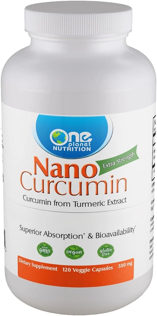 One Planet Nutrition Nano Curcumin 500 mg Veggie Capsules (120 Servings), Nano para la absorción alta, apoya la salud inmune, no GMO, Vegan, libre de gluten