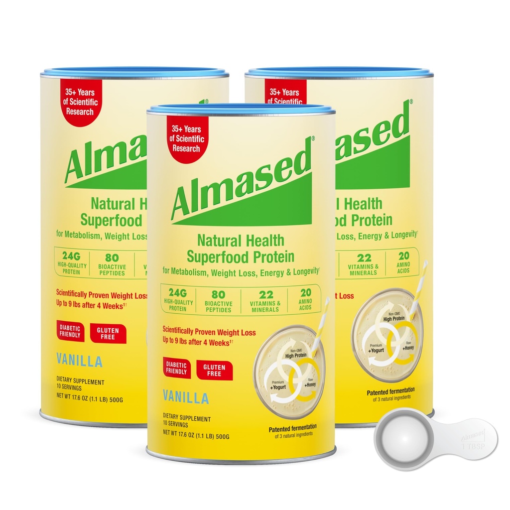 Almased Protein Powder for Weight Loss Kit for Men &amp; Women, Natural Meal Replacement Shake for Weight Loss, Suplemento, 24 Grams of Protein Por Serving (Almond Vanilla Flavor, 3 Cans @ 17.6 oz ea + Scoop)