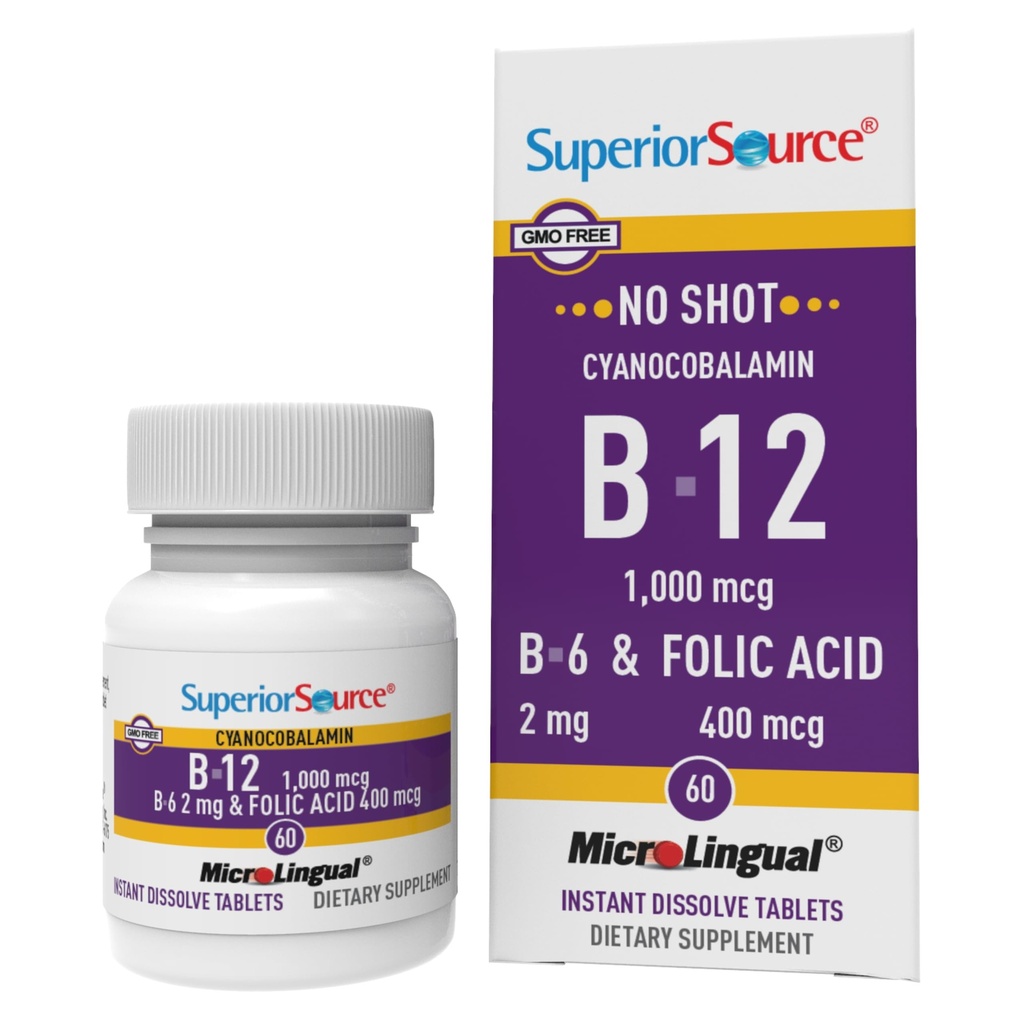 Superior Source No Shot Vitamin B-12 Cyanocobalamin 1000 mcg, B-6, Folic Acid 400 mcg - Support Brain & Heart Health - Aids Natural Energy Levels - 60 Sublingual Dissolving Tablets