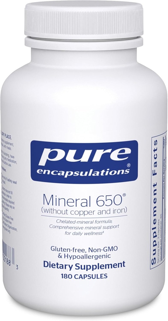 Pure Encapsulations Mineral 650 Without Copper & Iron ← Combinación hipoalergénica de Chelated LiquidMinerals  180 Capsules