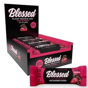 Bares de proteína vegana bendecidos - Bares de proteína con base vegetal de baja calorie de alta calorie de recambio de carne de proteína - Dairy Free, Nutritious Vegan Snacks - 12 Pack Chocolate Raspberry