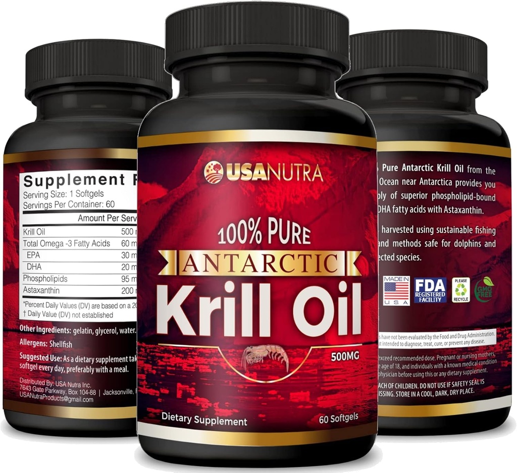 Aceite de Krill Antártico Softgels 100% Puro con Omega-3 EPA DHA Astaxanthin 1000mg por día (2 Softgels). Made in The USA
