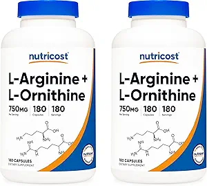 Nutricost L-Arginine L-Ornithine 750mg; 180 Capsules (2 Botellas)