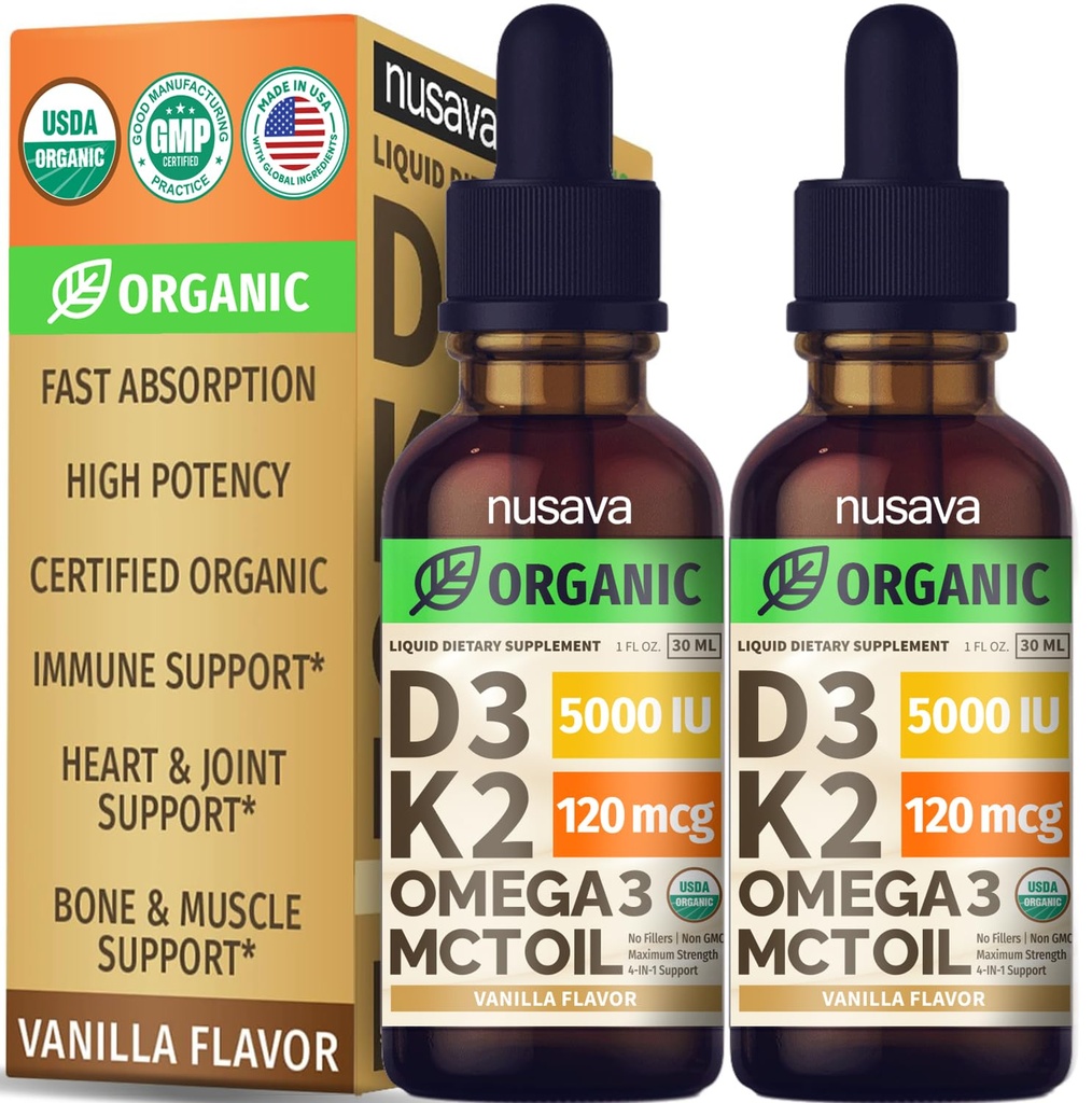 (2 Pack) Vitamina Orgánica D3 K2 gotas con aceite MCT Omega 3, 5000 UI - Maximum Strength Vitamin D Liquid, No Fillers, Líquido no GMO D3 para Absorción y Soporte Inmunitario (Vanilla, 1 Fl OZ x 2)