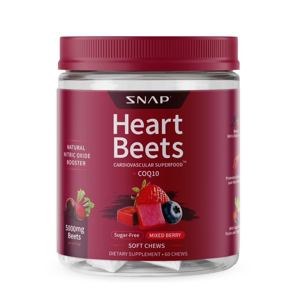 Complementos Beets de corazón Funda de remolacha orgánica Mandíbulas suaves, Suplemento de apoyo cardiovascular para hombres &amp; mujeres, CoQ10 &amp; Espinaca roja, Salud del corazón " circulación Soporte, Azúcar libre, Berry mixto, 60 Chews