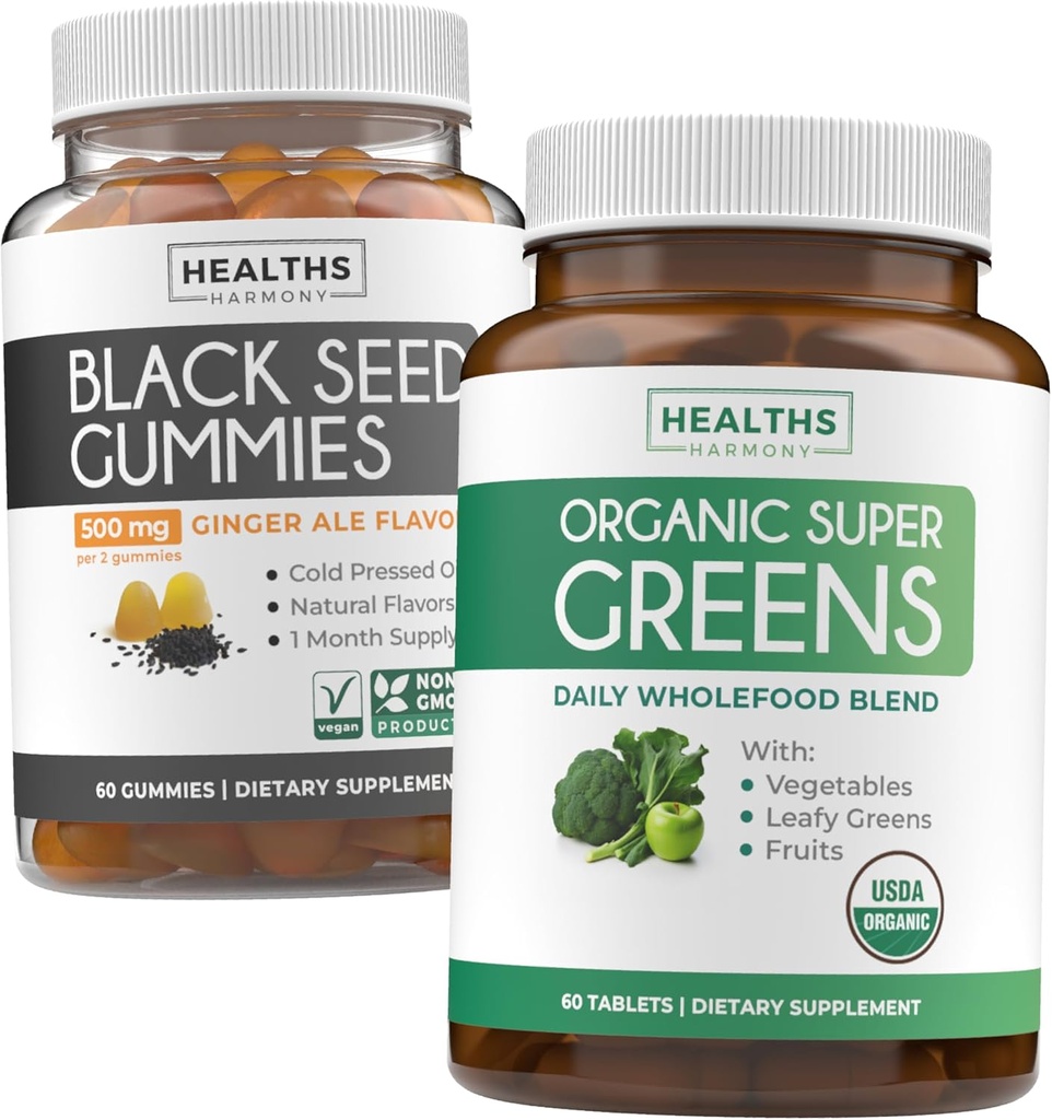 Black Seed Oil Gummies & Super Greens (1-Mes) - Daily Green Boost - Black Seed Oil Gummies Ginger Ale Flavor Cold-Presed Nigella Sativa & Organic Super Greens Complete Super Food Supplement