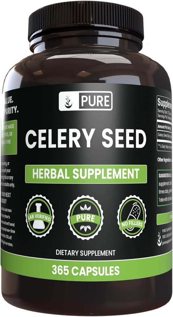 Ingredientes originales puros Celery Seed (365 capsules) No hay magnesio o rifles de arroz, siempre puros, lab verificados