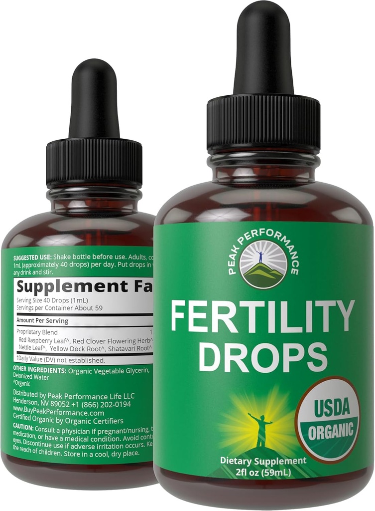 USDA Organic 5-In-1 Fertilidad Suplementos para Mujeres. High Absorption Liquid Drops Vitamins Blend with 5 Handpicked Herbal Ingredients for Reproductive Health, Conception Support. Sugar vegano, cero