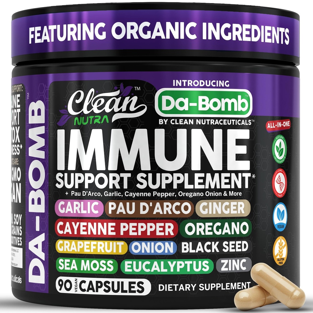 Orgánica Immune Soporte con PAU D'Arco Ajo Cayenne Pimienta Oregano Ginger Grapefruit Onion Black Seed Sea Moss Black Pepper Zinc Eucalyptus Vitamina C Vitamina D Orgánica Soursop por Clean Nutra